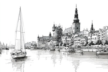 Fototapeta premium Urban skyline with historic buildings and sailing boats on calm river, detailed line drawing capturing peaceful waterfront and architectural beauty in monochrome style
