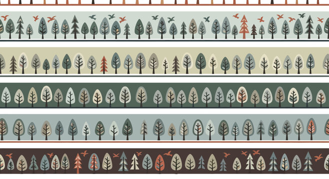 Stylized forest borders with trees and birds in muted colors