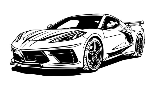 A striking outline illustration of a white 2026 Corvette C8 sports car, presented boldly against a