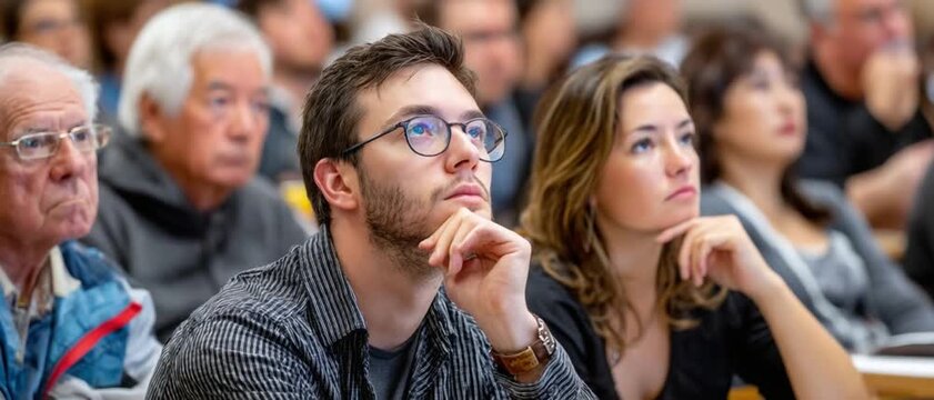 Attentive Audience: A diverse group of people attentively listening, focusing on an unseen point, demonstrating engagement and intellectual curiosity.