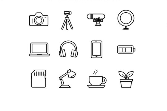 Minimal Vlogger Setup. Minimal vlogger setup. Line outline icon set of Minimal vlogger setup: camera, tripod,