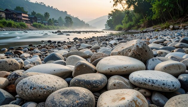 Smooth, water-worn river stones gathered from a serene riverbed, showcasing natural textures and geological beauty.