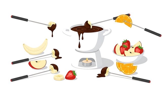 Chocolate fondue with fruit skewers.