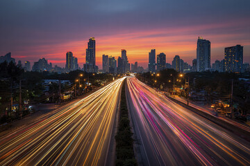 Fototapeta premium Urban city skyline at sunset with vibrant long exposure light trails from traffic on busy highway, creating dynamic motion and colorful streaks under dramatic sky