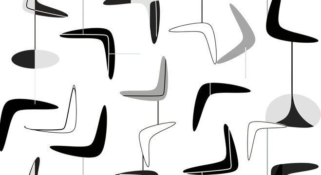Black and gray boomerang and atomic shapes suspended by thin lines on white