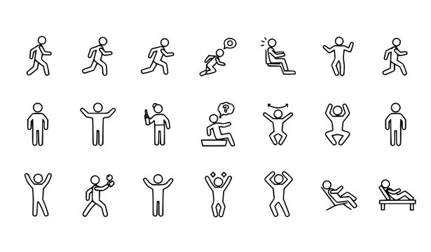 Set of stick figure icons showing human actions and emotions with flat icon body language thinking celebrating standing surprised stickman minimalist illustration behavior activity