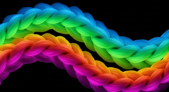 Macro shot of twisted rainbow rope with green, yellow, and red fibers. Vibrant abstract fiber texture.