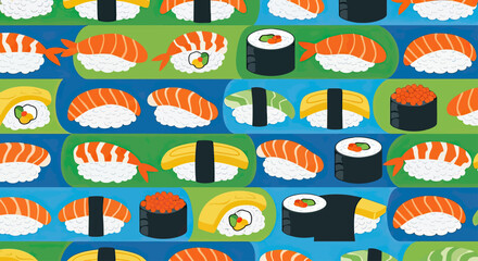 A colorful, repeating pattern of various sushi types on vibrant, horizontal bands © Sendal