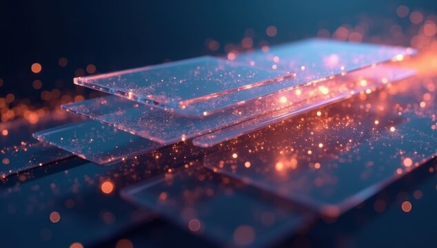 Interfaz inspirada en un panel de control con widgets de cristal en capas y estelas de luz animadas, perspectiva de interfaz de usuario