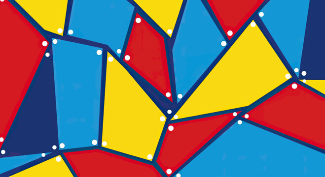 Abstract geometric pattern of intersecting polygons in red, blue, and yellow