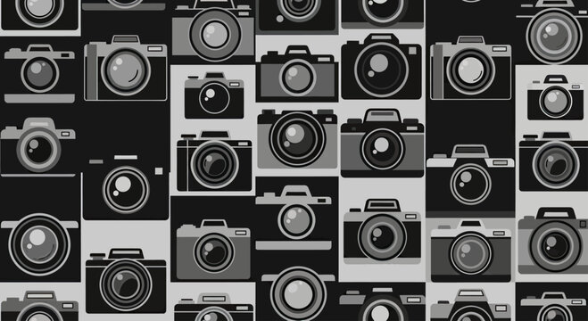 A monochromatic pattern of vintage cameras, arranged in a grid