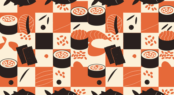 A playful checkerboard pattern features stylized sushi rolls, fish silhouettes, and scattered rice