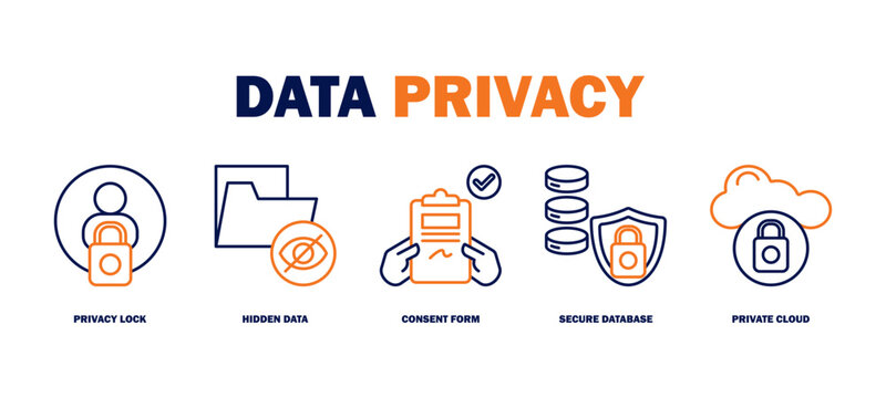 data privacy banner web icon vector illustration featuring icons of privacy lock, hidden data, consent form, secure database, private cloud.