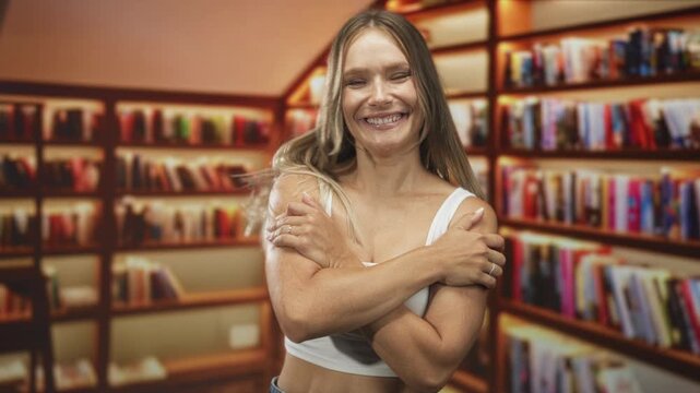 Woman hugging bare shoulders and smiling amid crowded bookshelves in a bookstore, wearing a white crop top and rings, visible arms and shoulders; self care joy.
