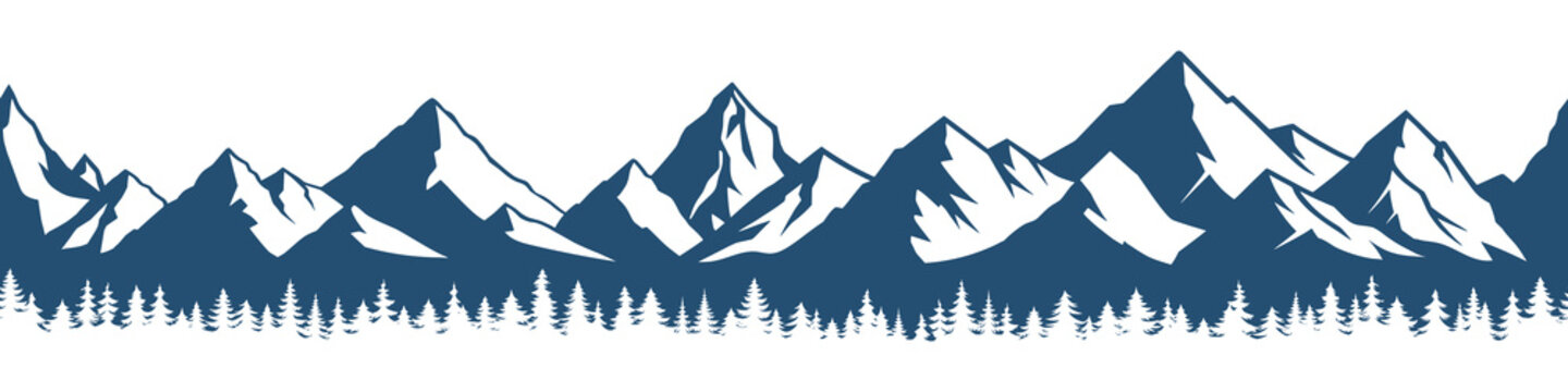 Silhouette mountain range and forest isolated on white background, seamless border, vector design
