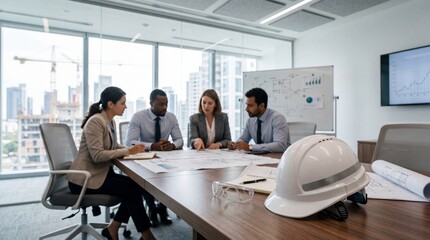 Fototapeta premium Collaborative project planning meeting urban office space professional teamwork modern environment focused viewpoint safety helmet in use