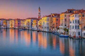Naklejka premium Venice waterfront panorama with colorful historic buildings reflecting on calm lagoon water during sunset, featuring boats and tall bell tower creating peaceful and charming atmosphere