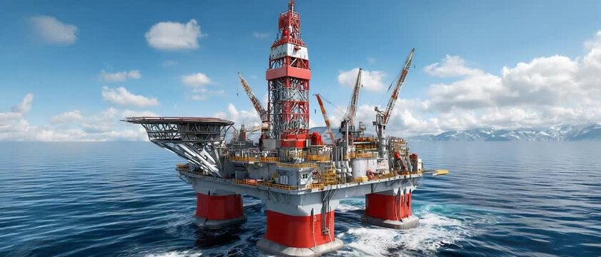 Offshore Oil Rig: A towering offshore oil rig stands tall amidst the vast expanse of the ocean, with its complex infrastructure designed for resource extraction.