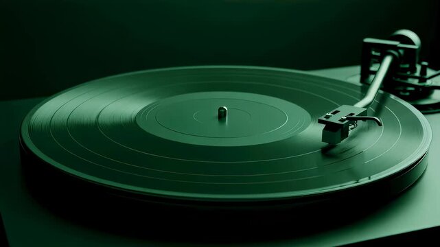 Vinyl record spinning on turntable. Retro music audio player with rotating disc. Vintage sound technology and analog equipment for classic high fidelity listening.