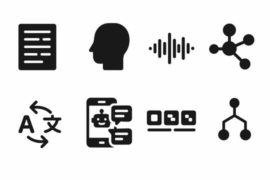 NLP Icon Grid. Natural Language Processing. Filled icon set of Natural Language Processing: text data,