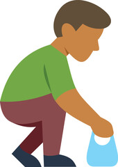 Fototapeta premium Illustration of a person crouching to pick up litter with a small blue bag in hand