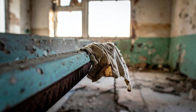 A dirty, discolored fabric rag snagged on a rusty metal bar inside an abandoned building