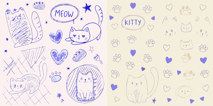 Whimsical hand drawn cats paw prints and hearts on a pastel background