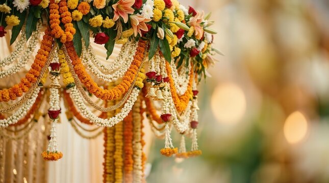 Vibrant marigold and jasmine garlands decorating a wedding mandap in a warm cinematic close-up.