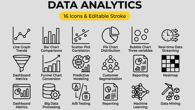 Collection of data analytics icons representing various statistical analysis and business intelligence concepts for digital presentation