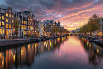 Naklejka premium Amsterdam canal sunset reflection, traditional narrow houses, autumn trees lining waterway, vibrant sky with colorful clouds, peaceful cityscape with boats docked along canal