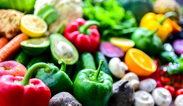 Fresh raw vegetables and fruits. Ingredients of vegan diet