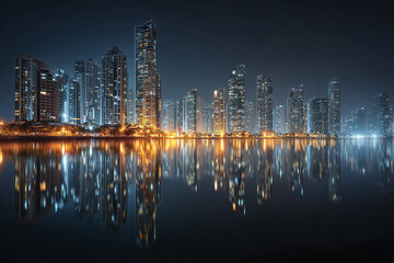 Fototapeta premium Night city skyline with glowing skyscraper lights reflecting on calm water, creating serene and vibrant urban atmosphere with modern high rise buildings and clear sky