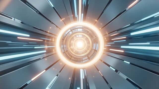 Futuristic circular tunnel with glowing orange and blue neon lights moving forward in a seamless loop