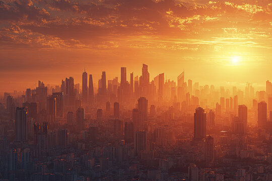 Wide futuristic city skyline at sunrise with glowing buildings and warm orange sky, creating dramatic and inspiring urban atmosphere filled with tall skyscrapers and dense architecture