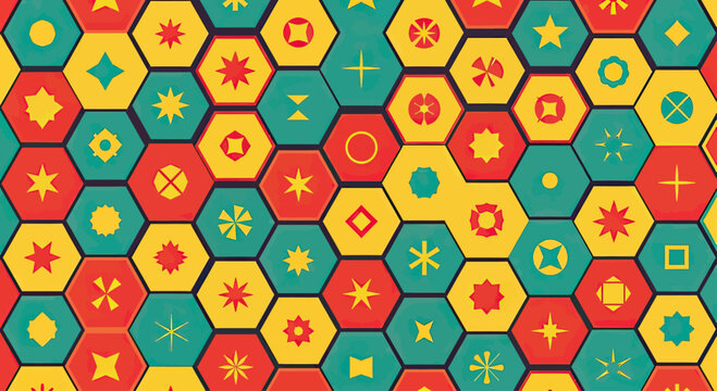 Geometric hexagonal pattern with various star, circle, and square shapes in red, yellow, teal