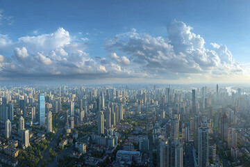 Naklejka premium Wide panoramic aerial view of modern metropolitan skyline with numerous skyscraper buildings under bright blue sky with scattered clouds, showcasing urban density and architectural variety