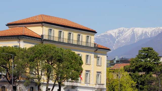 Shot of historic Hotel Walter Au Lac on the waterfront in Lugano, Switzerland