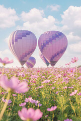 Obraz premium Dreamy hot air balloons floating over a vibrant pink cosmos flower field under a soft blue sky.
