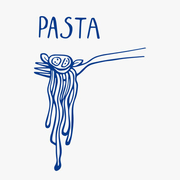 Mediterranean food vector pasta hand drawn illustrations. Fork with italian pasta modern sketch style graphic design