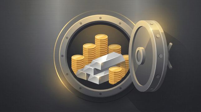 Gold Coins and Silver Bars Inside Open Vault.