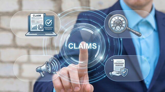 Business man working on virtual touch screen presses word: CLAIMS. Claims Management Business Department Concept. Registration claim document.