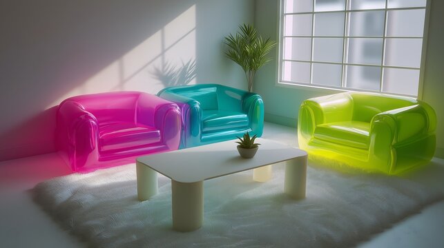 Colorful inflatable sofas and chairs in vibrant modern living room interior scene