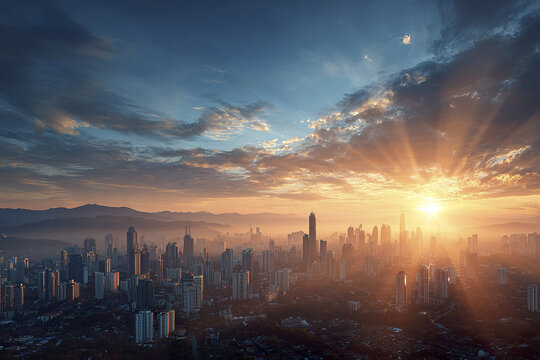 Sunrise over modern city skyline with sun rays breaking through clouds, casting warm light on tall skyscraper buildings and distant mountain range under dramatic sky