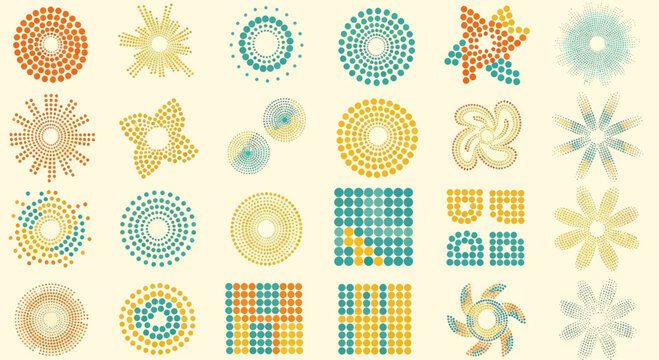 Various abstract circular and geometric patterns formed by small colored dots