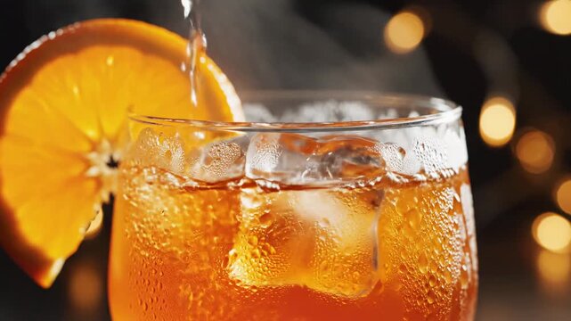 Refreshing aperitif cocktail being poured into a chilled glass with ice and an orange slice garnish.