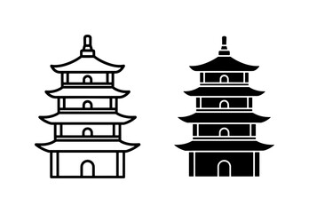 Obraz premium Japanese Pagoda Icons: Outline and Silhouette, Traditional Architecture Symbols, Asian Temple Graphics, Cultural Landmark Vector Art