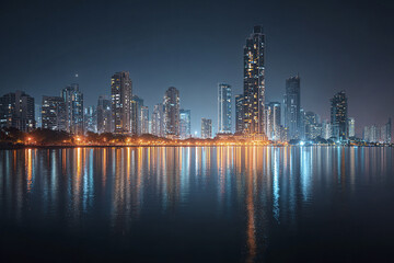 Fototapeta premium Modern city skyline at night with illuminated skyscraper buildings reflecting on calm water, creating peaceful and vibrant urban atmosphere under clear sky