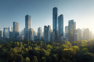 Obraz premium Modern city skyline with tall glass skyscraper buildings and lush green forest in foreground under clear blue sky during daytime