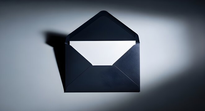 Dark blue envelope with white insert standing upright on gray background