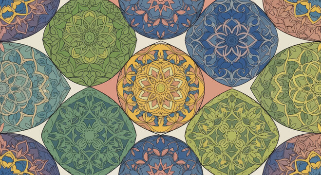 Overlapping mandala-like floral patterns in earthy tones